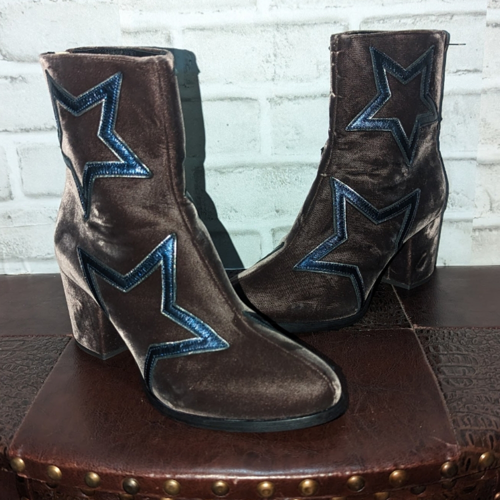 Jimmy Choo Brown Velvet Ankle Boots with Blue Star Appliqués